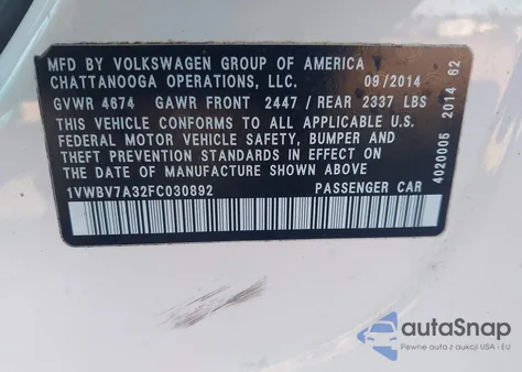 2015 Volkswagen Passat 2.0L Tdi Se из США, поврежденный, VIN 1VWBV7A32FC030892